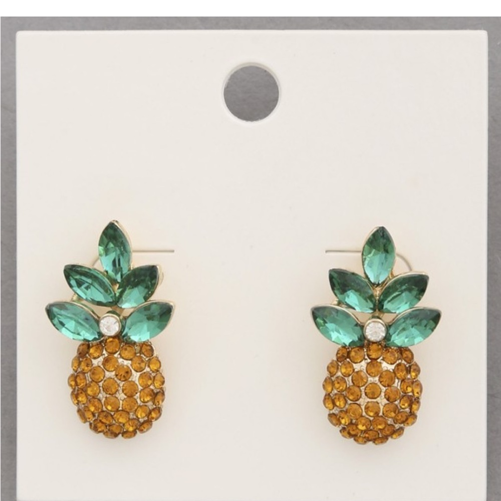 NWT! Tropical Rhinestone Pineapple Earrings with Green and Gold Accent